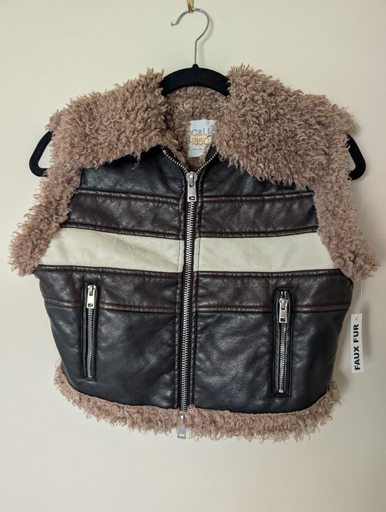Cali1850 Jackets & Blazers - NWOT Cal1850 Faux Fur Trim Leather Vest with Cream Stripe